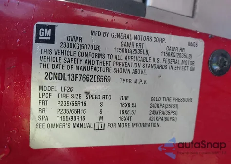 2006 Chevrolet Equinox Ls z USA, uszkodzony, nr VIN 2CNDL13F766206569